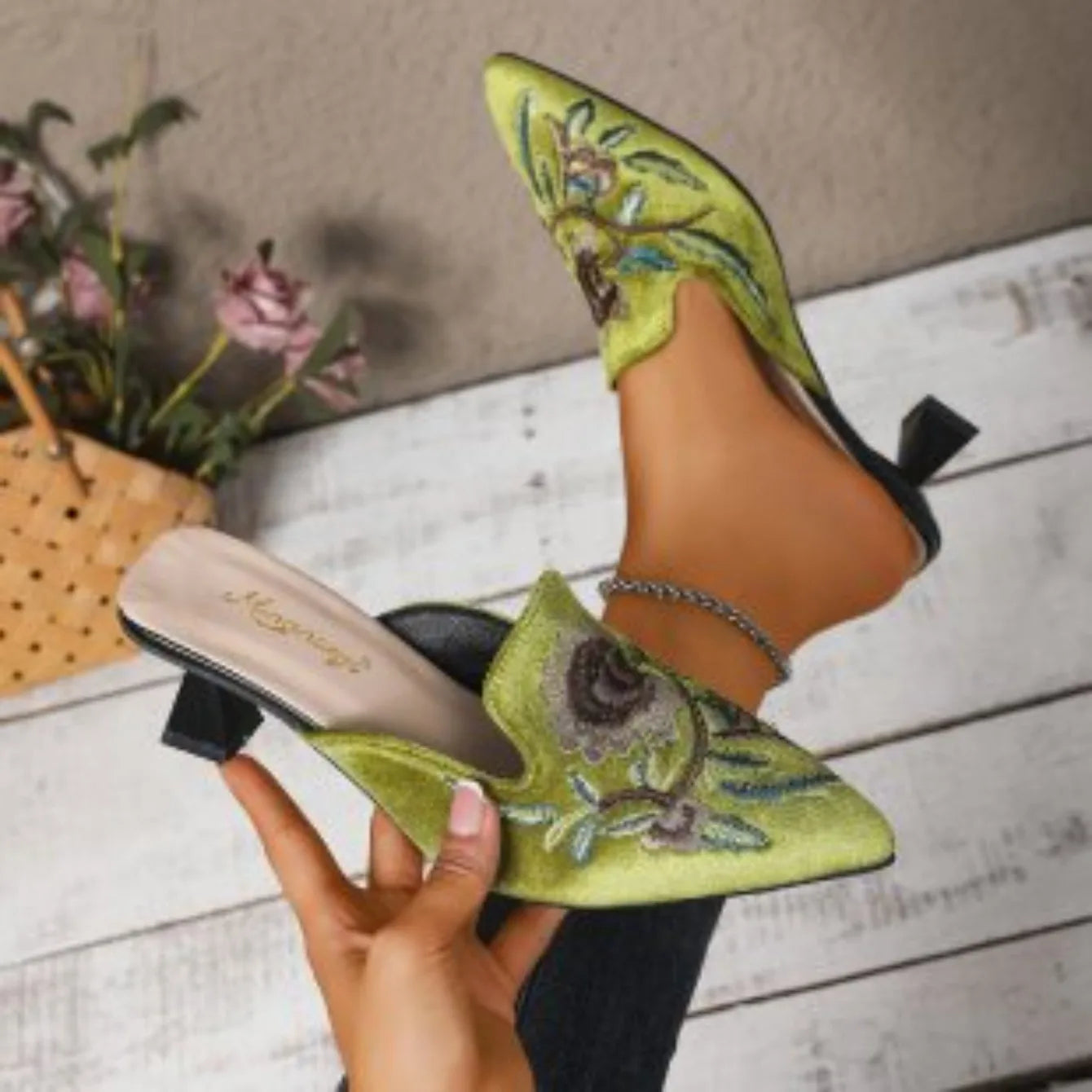 M&T Wear - Elegant Embroidered Square Toe High Heel Slides