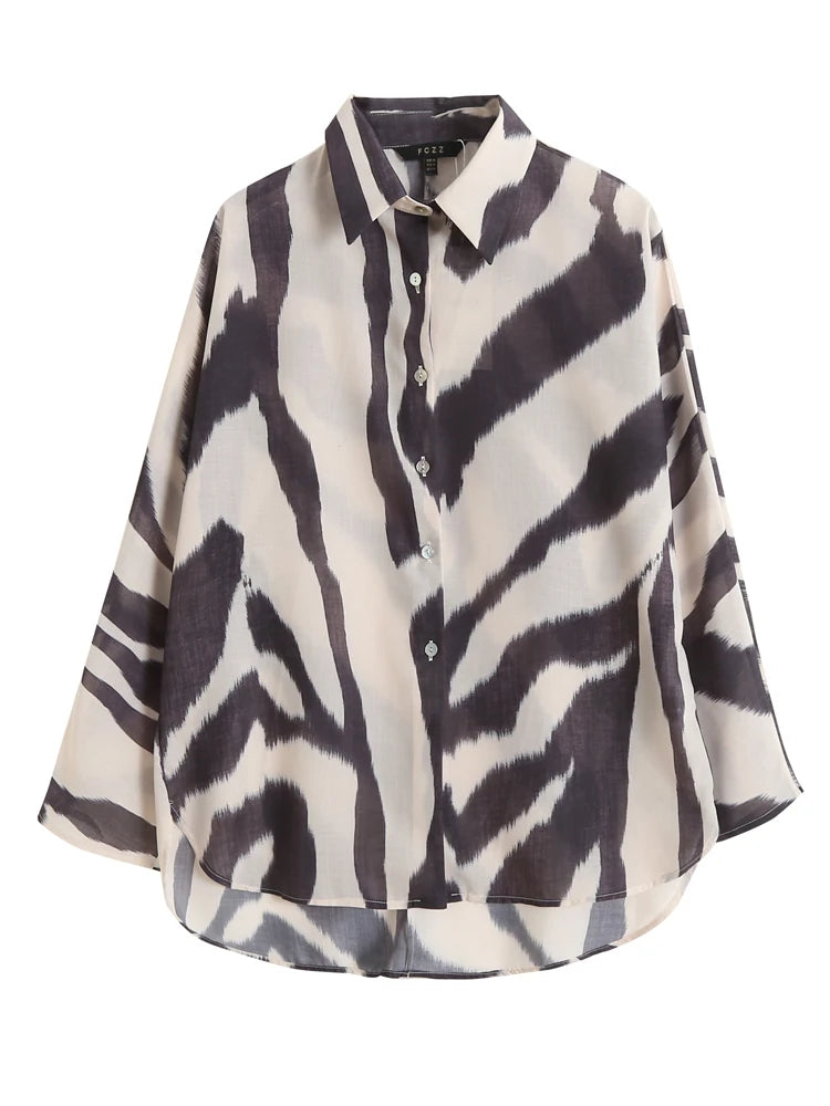 Zebra Print Cotton-Linen Look Blouse