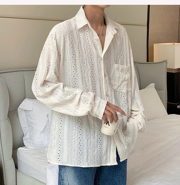 M&T Wear - Shirts for men Apricot Handsome Lapel Men Blouse Vacation Hollow Out Sexy Fashion Men Clothing Male Mesh Long-sleeved Shirts - M&T Wear