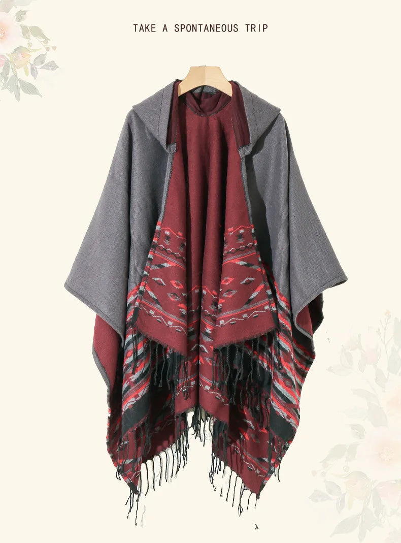 M&T Wear - Winter New Bohemian Shawl Men Ponchos Cashmere Blend Cape Coat Fringe Poncho Vintage Tassel Scarf Hooded Wraps Outwear - M&T Wear
