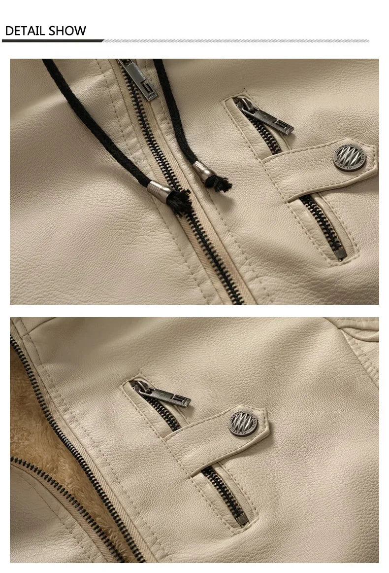 M&T Wear - Faux Leather Jacket Men Fashion Men's Hooded Jackets Autumn Winter Military Style Outwear Zipper Pockets Coat Detachable Hat - M&T Wear