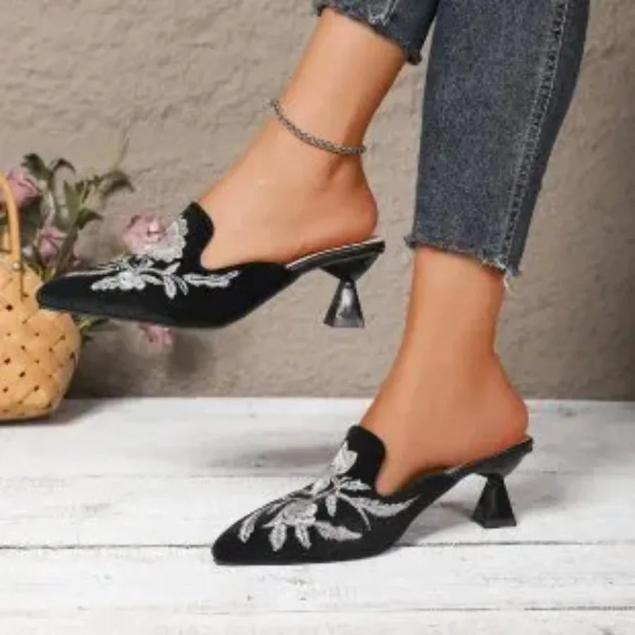 M&T Wear - Elegant Embroidered Square Toe High Heel Slides
