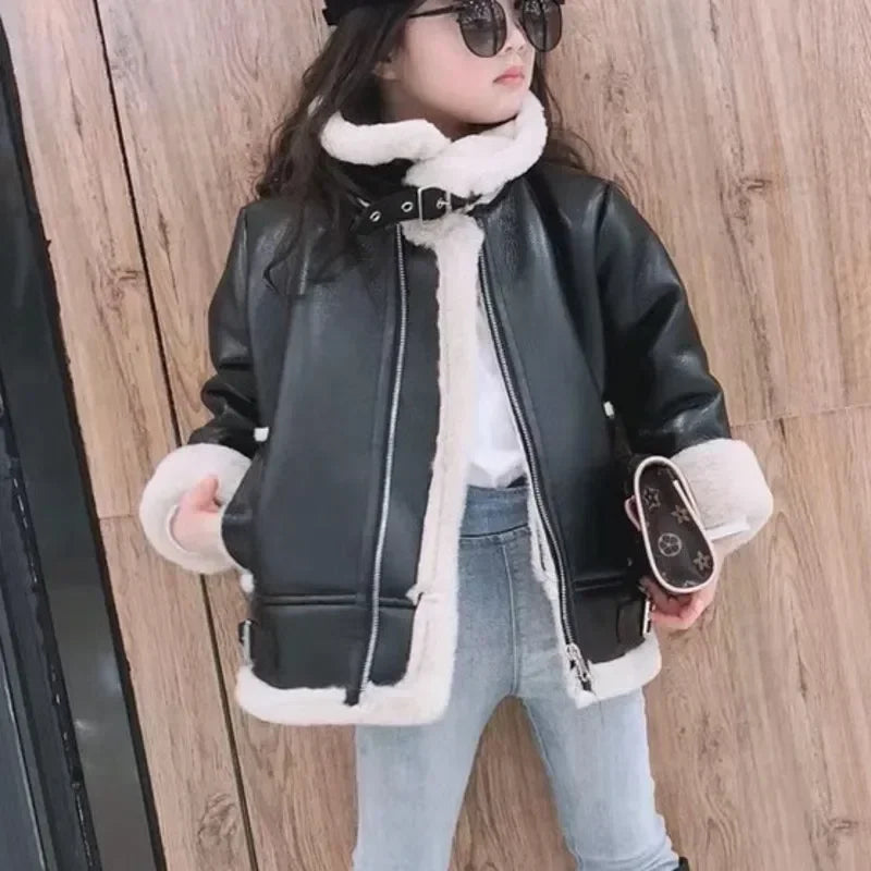 M&T Wear - Girls Jacket Leather Motorcycle Kids Coats Fleece Children Jacket Winter Autumn - M&T Wear
