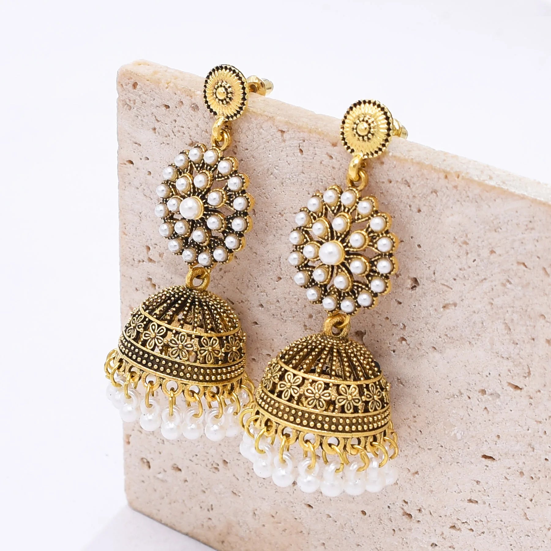 M&T Wear - Traditional Indian Jhumka Earrings for Women | Vintage Peacock Bell Design with Pearl Beads
