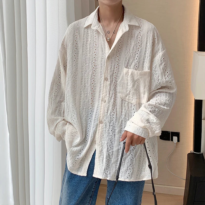M&T Wear - Shirts for men Apricot Handsome Lapel Men Blouse Vacation Hollow Out Sexy Fashion Men Clothing Male Mesh Long-sleeved Shirts - M&T Wear