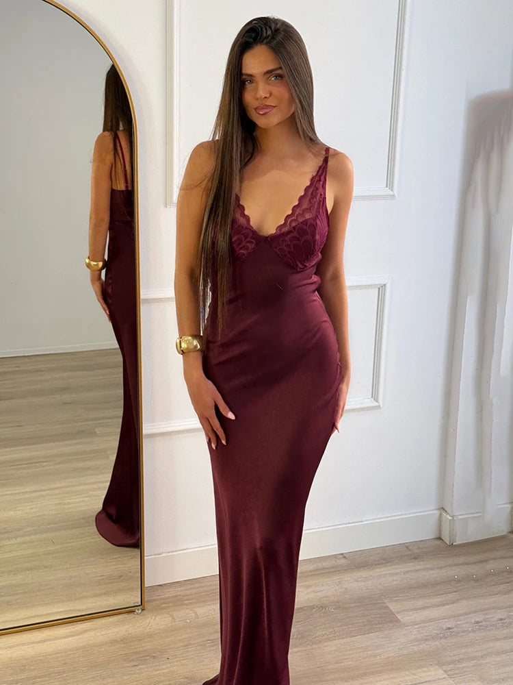 Blifanbo Lace Patchwork Satin Maxi – Backless Bodycon Party Dress