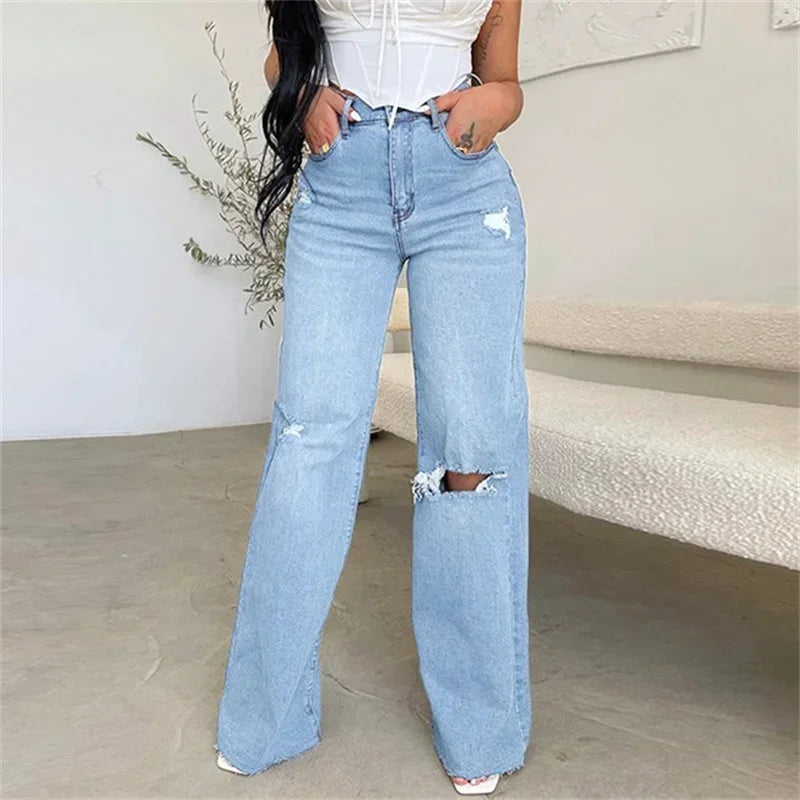 Knee-Distressed High-Waist Straight Jeans