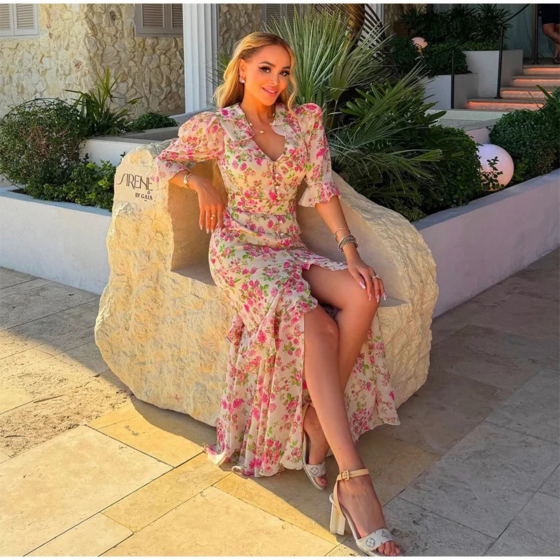 Vintage Polka Dot Puff-Sleeve Maxi Dress