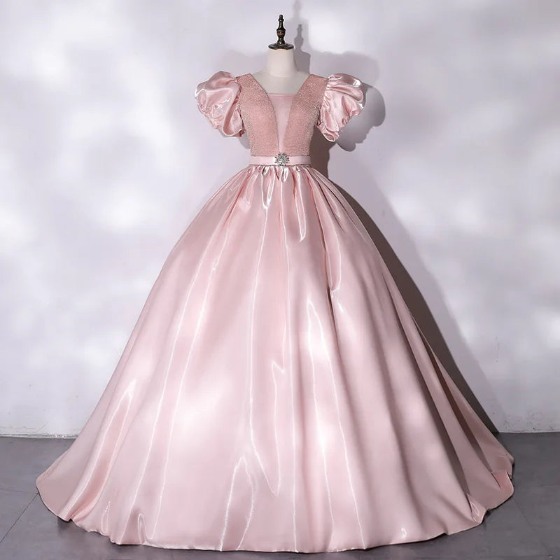 Princess Sleeve Satin & Mesh Evening Gown