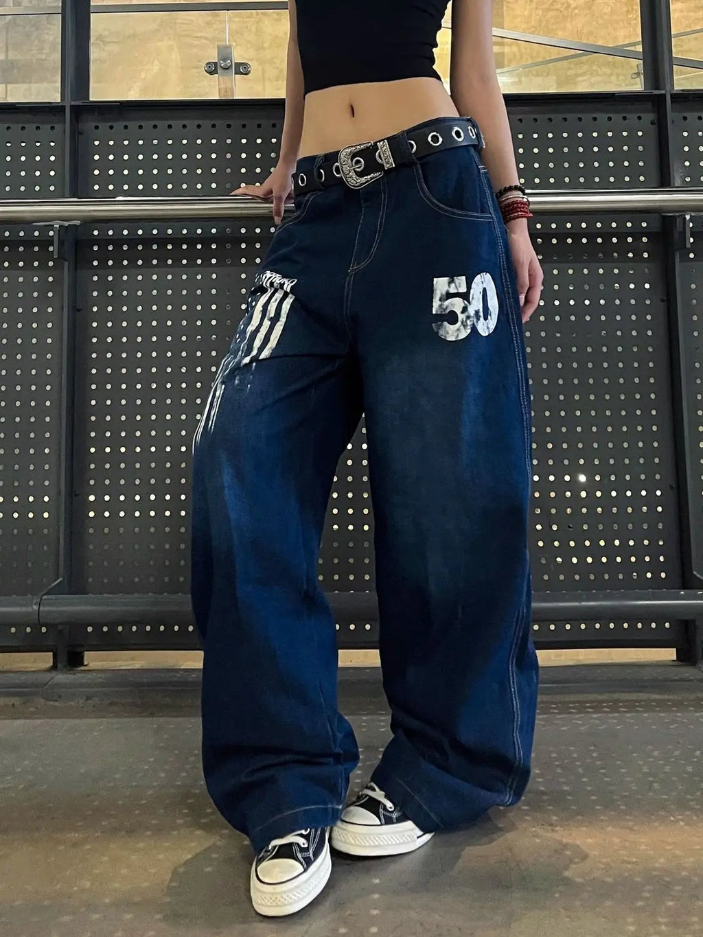 Retro Personality Print High-Waisted Wide-Leg Jeans