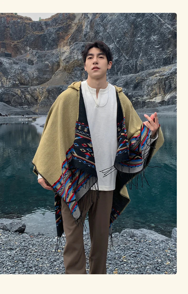 M&T Wear - Winter New Bohemian Shawl Men Ponchos Cashmere Blend Cape Coat Fringe Poncho Vintage Tassel Scarf Hooded Wraps Outwear - M&T Wear