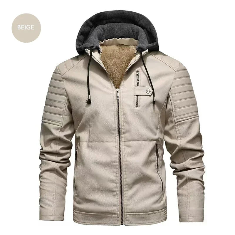 M&T Wear - Faux Leather Jacket Men Fashion Men's Hooded Jackets Autumn Winter Military Style Outwear Zipper Pockets Coat Detachable Hat - M&T Wear