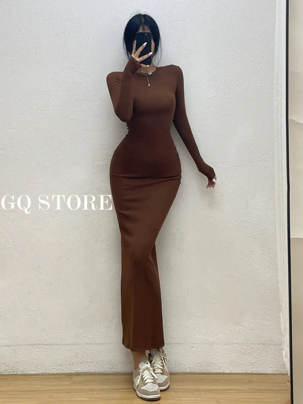 Simple Round-Neck Slim Maxi Dress