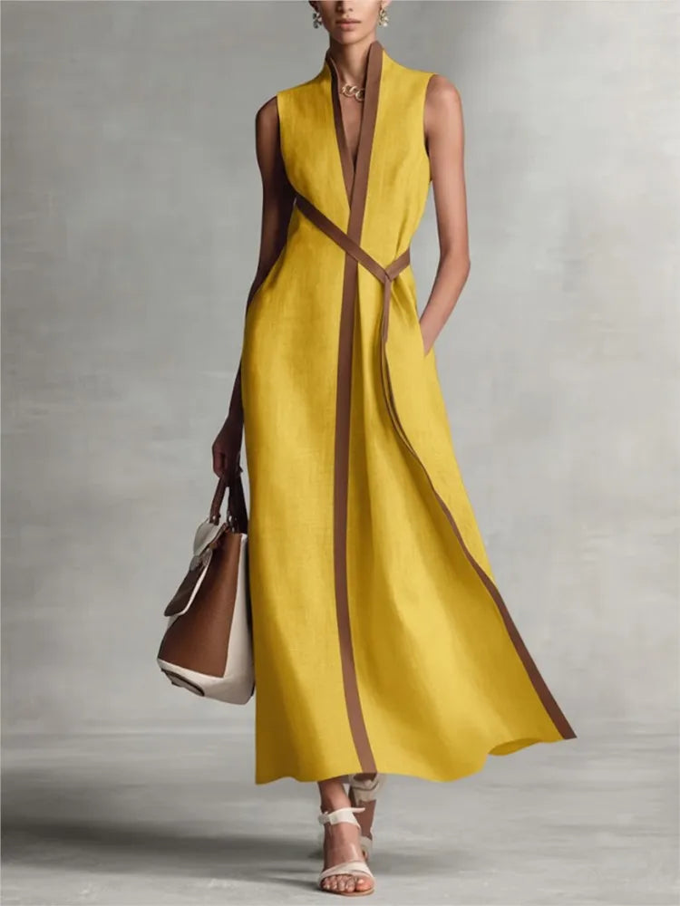 Contrast Color Sleeveless Elegant Slim-Fit Long Dress