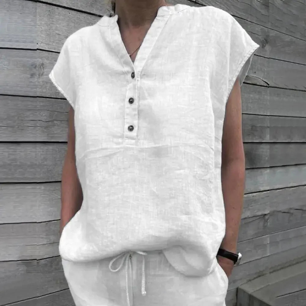 M&T Wear - Women's Cotton Linen V-Neck Summer Blouse