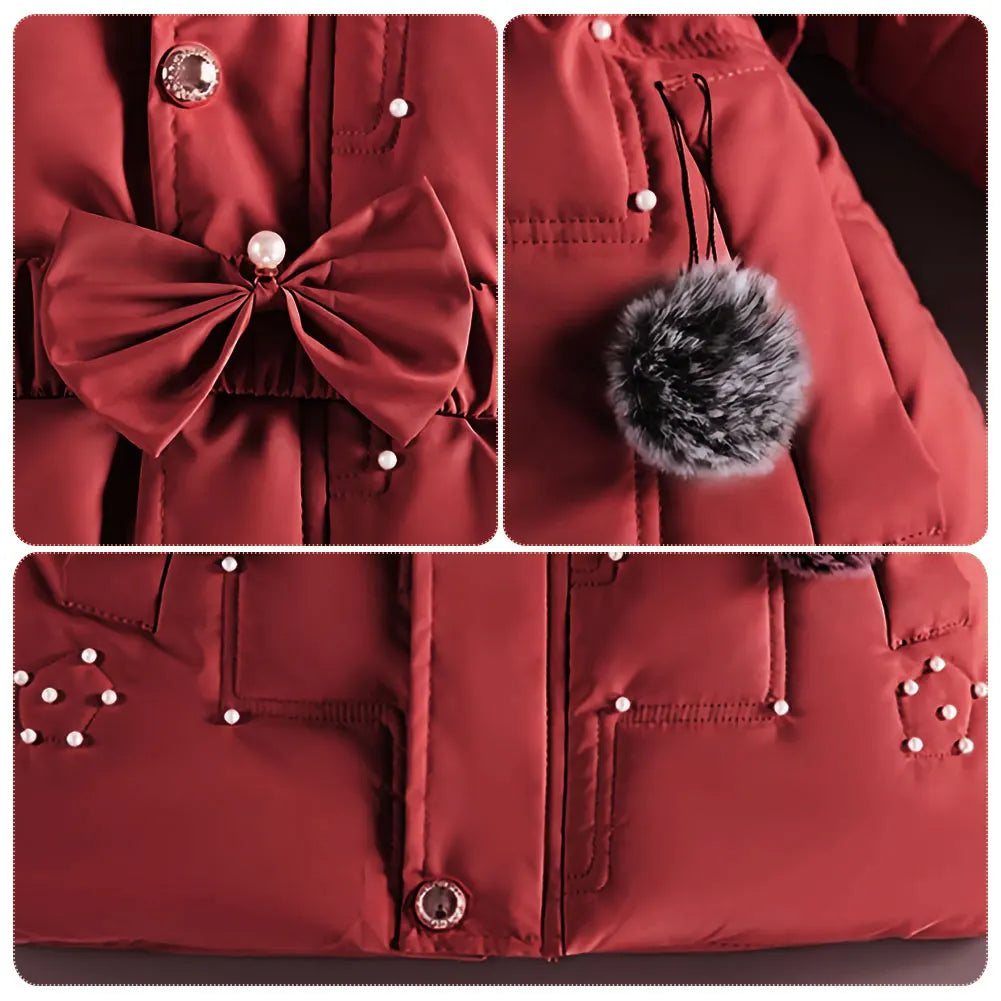 M&T Wear - Children's Winter Jacket Thick Warm Fur Collar Hood Beads Elastic Waist Teens Girls Down Coat,Fashion Windproof Kids Overcoat - M&T Wear