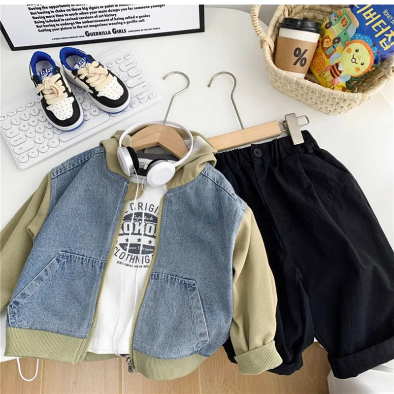 M&T Wear - Boys Jeans Jackets Spring Girls Fashion Hooded Coats Autumn Children Clothes Kids Casual Zipper Colorblocking Outerwear 1-10Y - M&T Wear