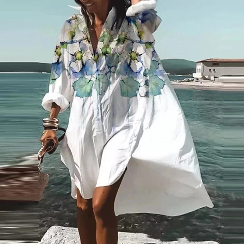 Printed Loose V-Neck Shirt Dress