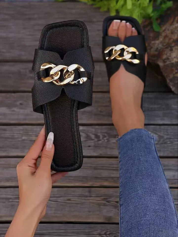 M&T Wear - Women's Chic Metal Chain Square Toe Slides