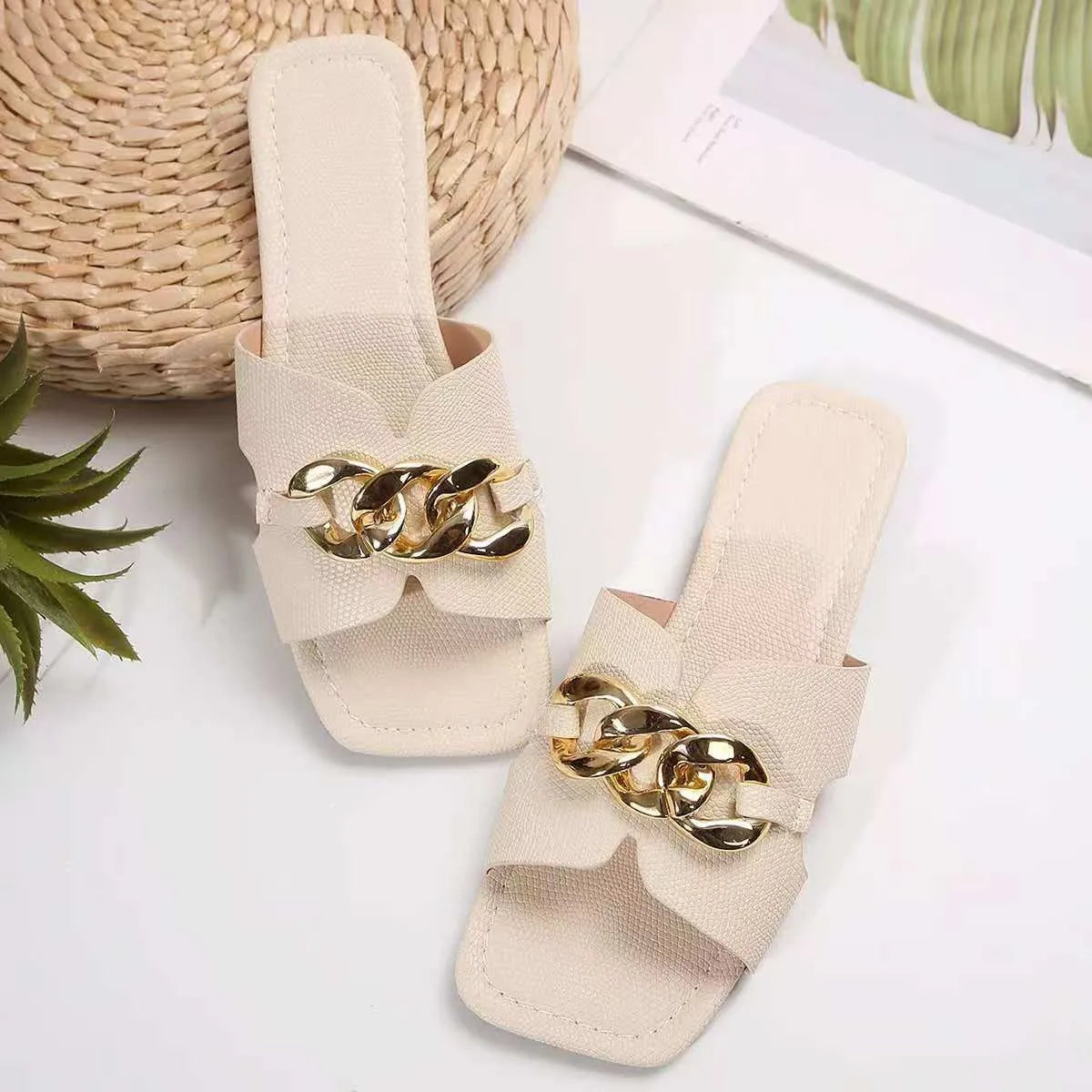 M&T Wear - Women's Chic Metal Chain Square Toe Slides