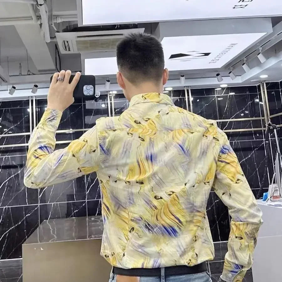 M&T Wear - Spring and Autumn High-end Long-sleeved Men's Fancy Shirt Micro-Stretched Slim Personalized Fashion Printed Shirt - M&T Wear