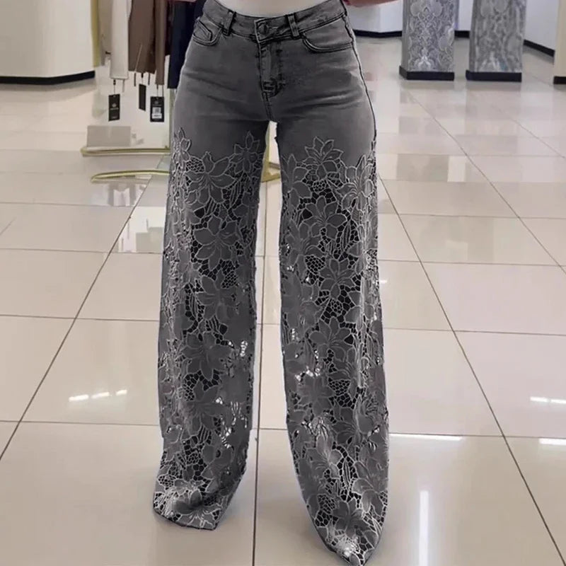 High-Waist Lace Splicing Ankle Jeans