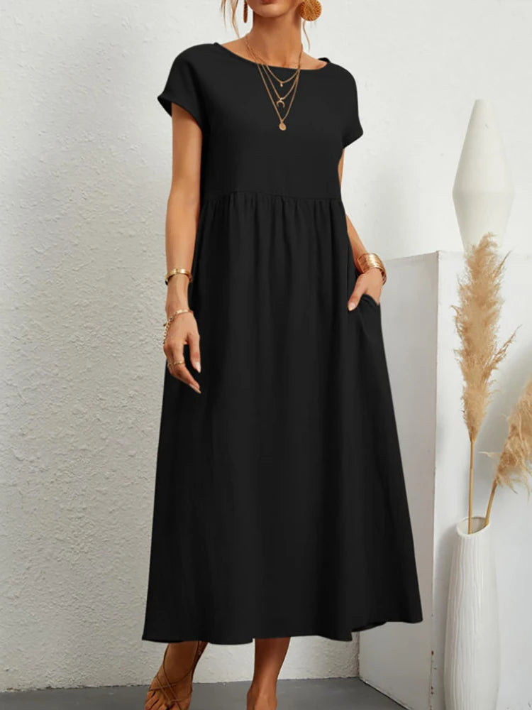 Elegant Solid Cotton-Linen Maxi Dress