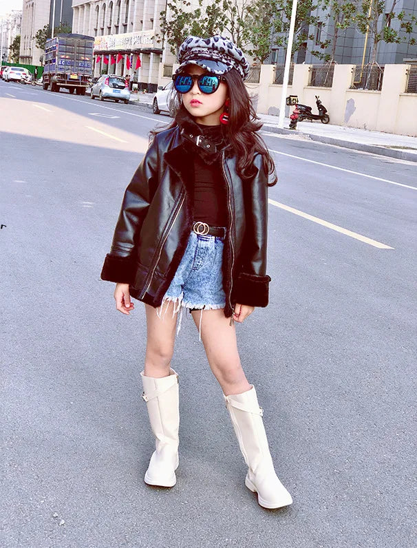M&T Wear - Girls Jacket Leather Motorcycle Kids Coats Fleece Children Jacket Winter Autumn - M&T Wear
