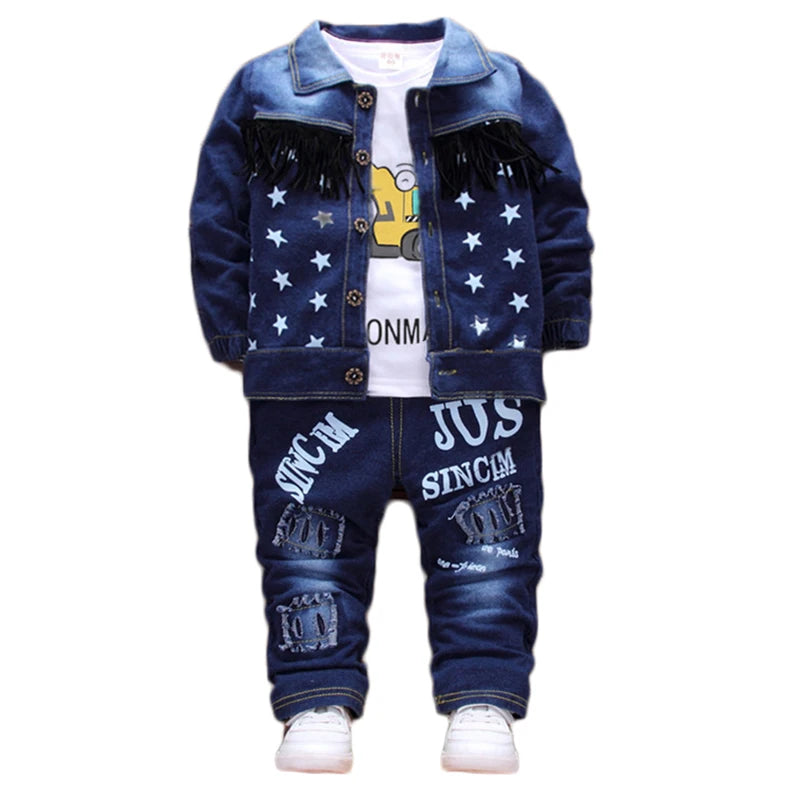 M&T Wear - Kids New Denim Jacket Boys Coat Toddler Sport Clothes Suit Clothing Set Cotton Jeans Coat T-shirt Pants Star Tracksuit Children - M&T Wear