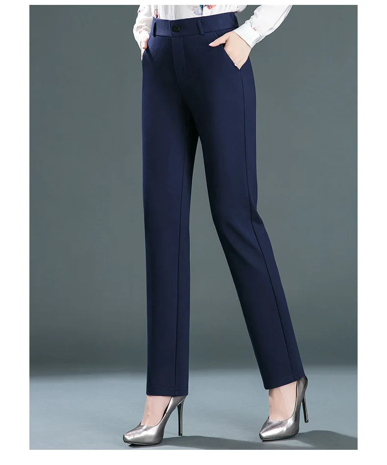 High-Waist Stretch Straight-Leg Casual Trousers