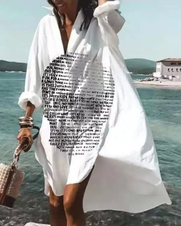 Printed Loose V-Neck Shirt Dress