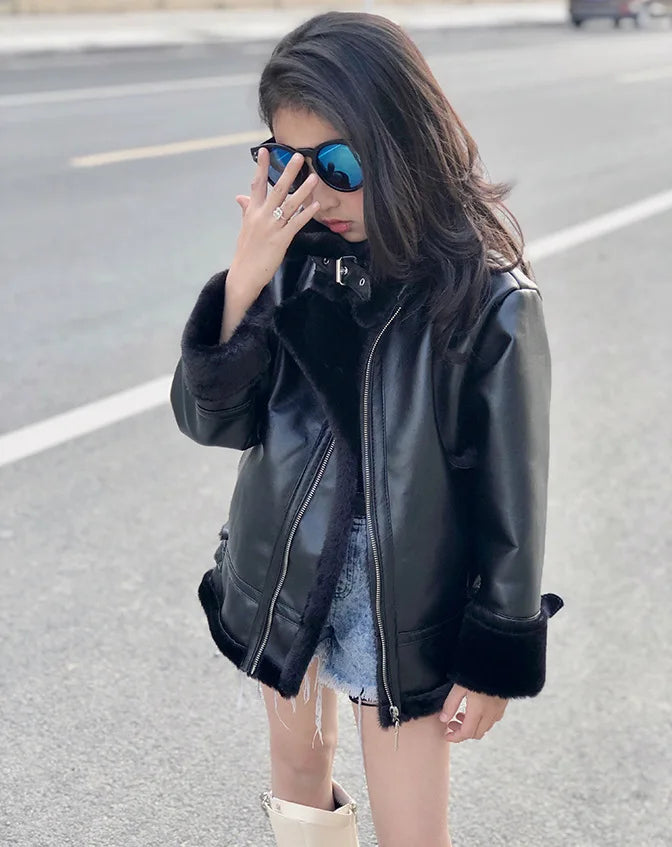 M&T Wear - Girls Jacket Leather Motorcycle Kids Coats Fleece Children Jacket Winter Autumn - M&T Wear