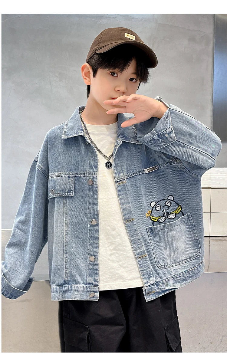 M&T Wear - Kids Denim Jacket Boys Jeans Coat Clothing Fashion Baby Boy Denim Jacket With Cartoon Embroidery Child Casual Streetwear Outfit - M&T Wear