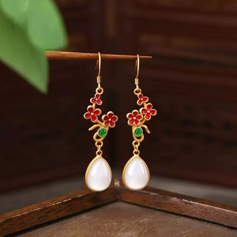 M&T Wear - Vintage Gilded Enamel Water-Drop Jade Earrings