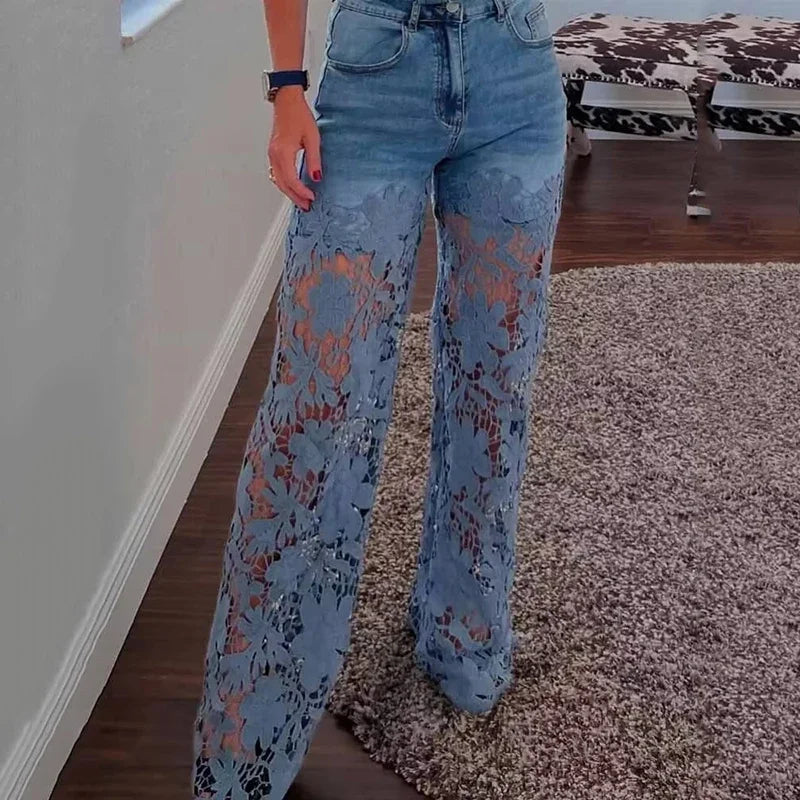 High-Waist Lace Splicing Ankle Jeans