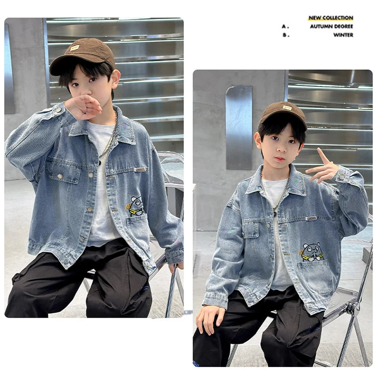 M&T Wear - Kids Denim Jacket Boys Jeans Coat Clothing Fashion Baby Boy Denim Jacket With Cartoon Embroidery Child Casual Streetwear Outfit - M&T Wear