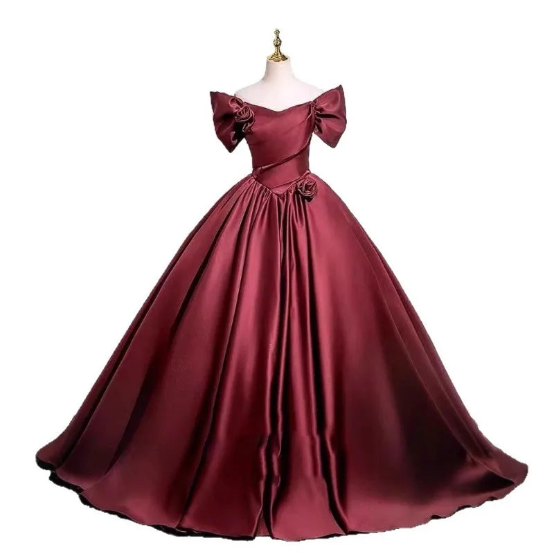 Wine Red Elegant One-Shoulder Evening Gown
