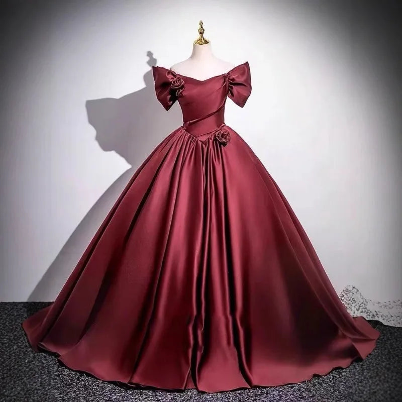 Wine Red Elegant One-Shoulder Evening Gown