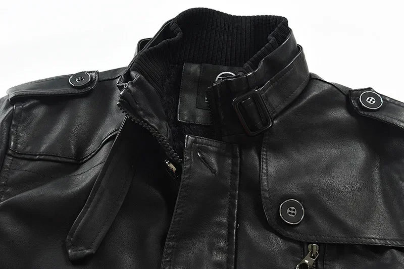 M&T Wear - Biker Jaqueta Winter Men's Thick Fleece Long Leather Jacket Coat mens Outwear Fashion Leather Warm Casual Vintage Jackets - M&T Wear