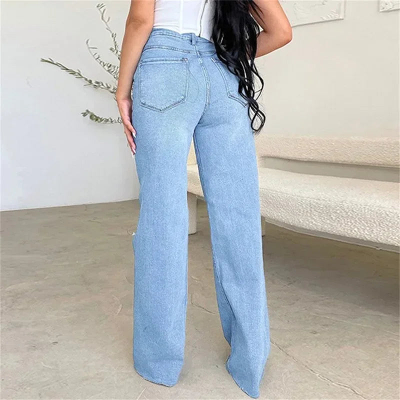 Knee-Distressed High-Waist Straight Jeans