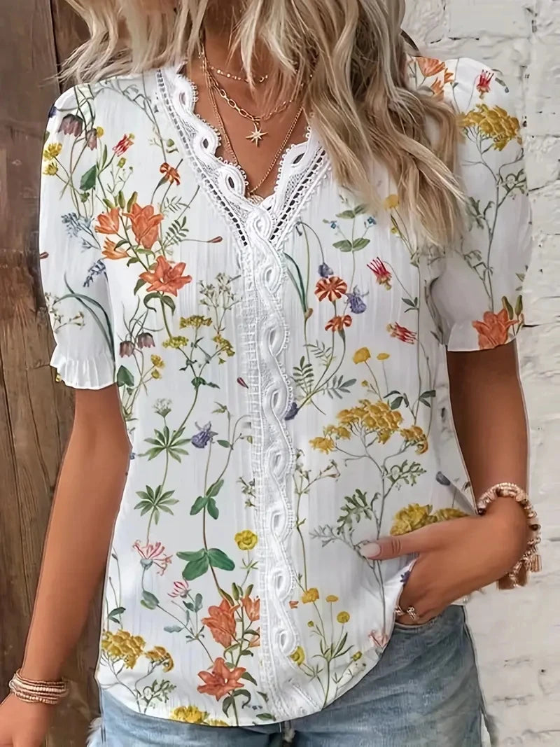 Elegant V-Neck Hollow Out Vacation Blouse