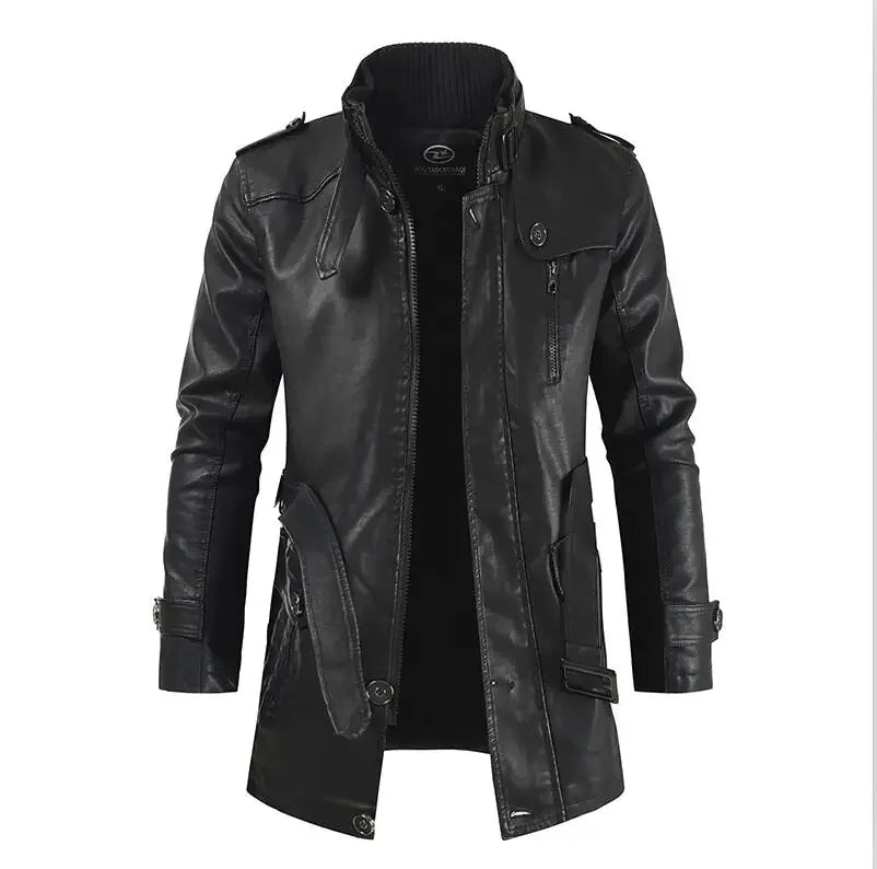 M&T Wear - Biker Jaqueta Winter Men's Thick Fleece Long Leather Jacket Coat mens Outwear Fashion Leather Warm Casual Vintage Jackets - M&T Wear