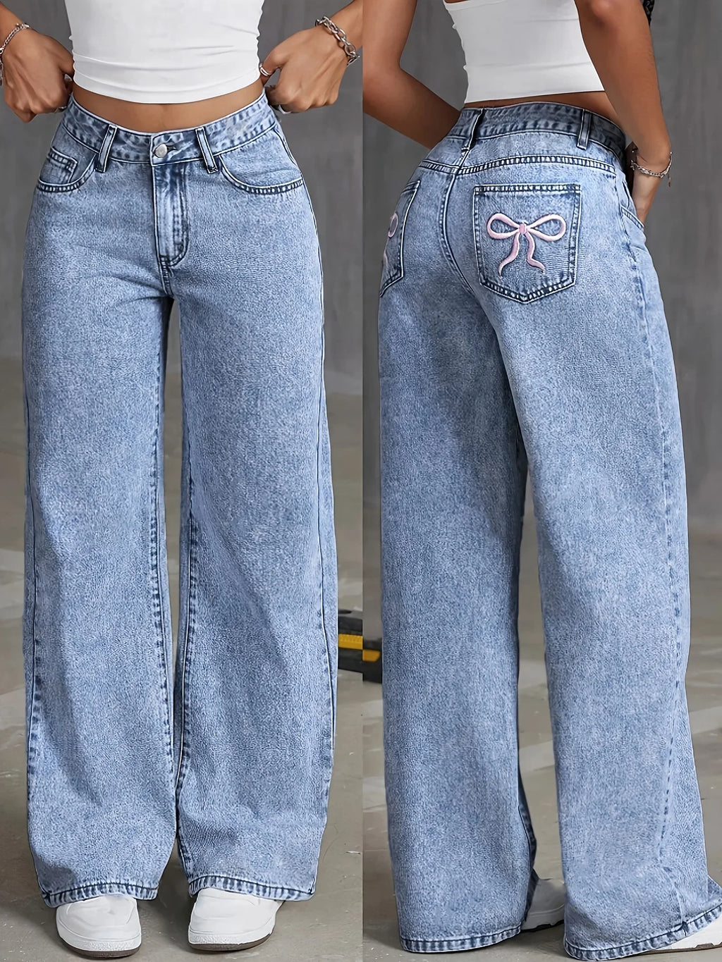 Bow-Embroidered Wide-Leg Denim Trousers