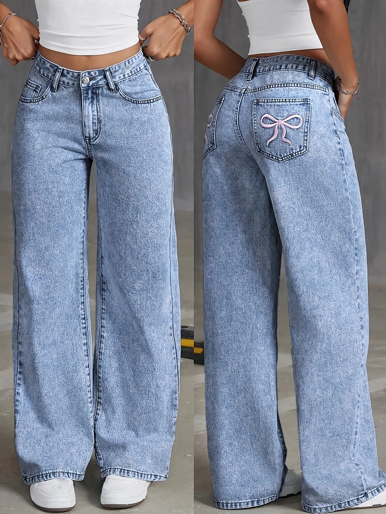 Bow-Embroidered Wide-Leg Denim Trousers