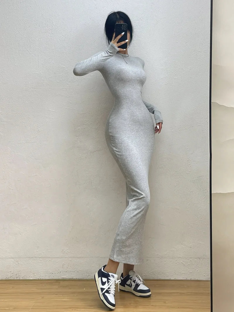 Simple Round-Neck Slim Maxi Dress