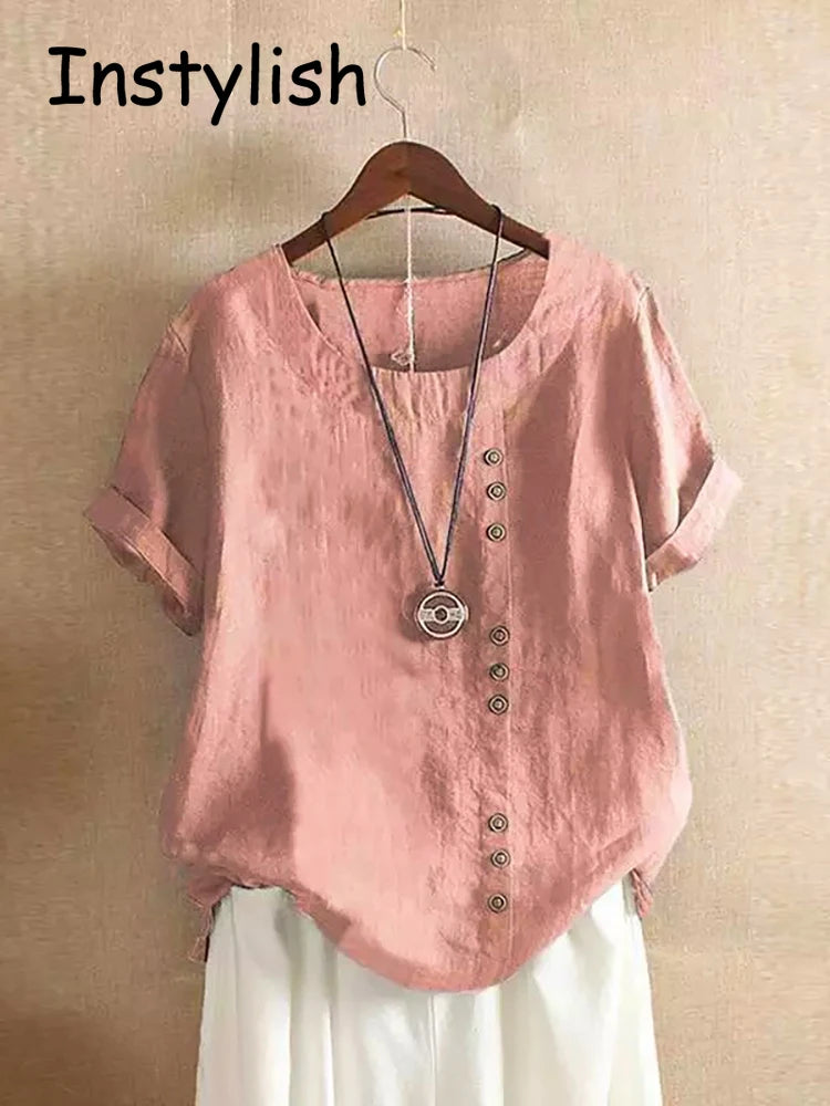 Vintage Harajuku Cotton-Linen Button Tee
