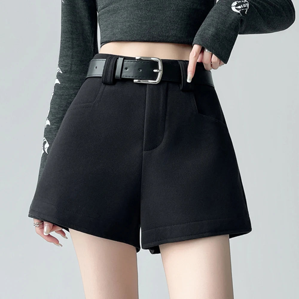 Slim High-Waist Woolen Shorts