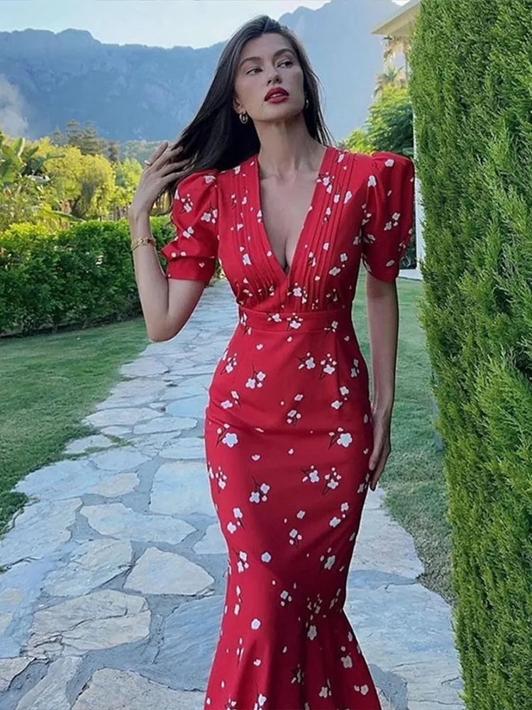 Vintage Polka Dot Puff-Sleeve Maxi Dress