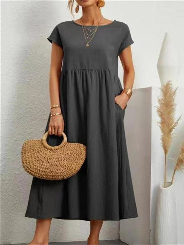Elegant Solid Cotton-Linen Maxi Dress