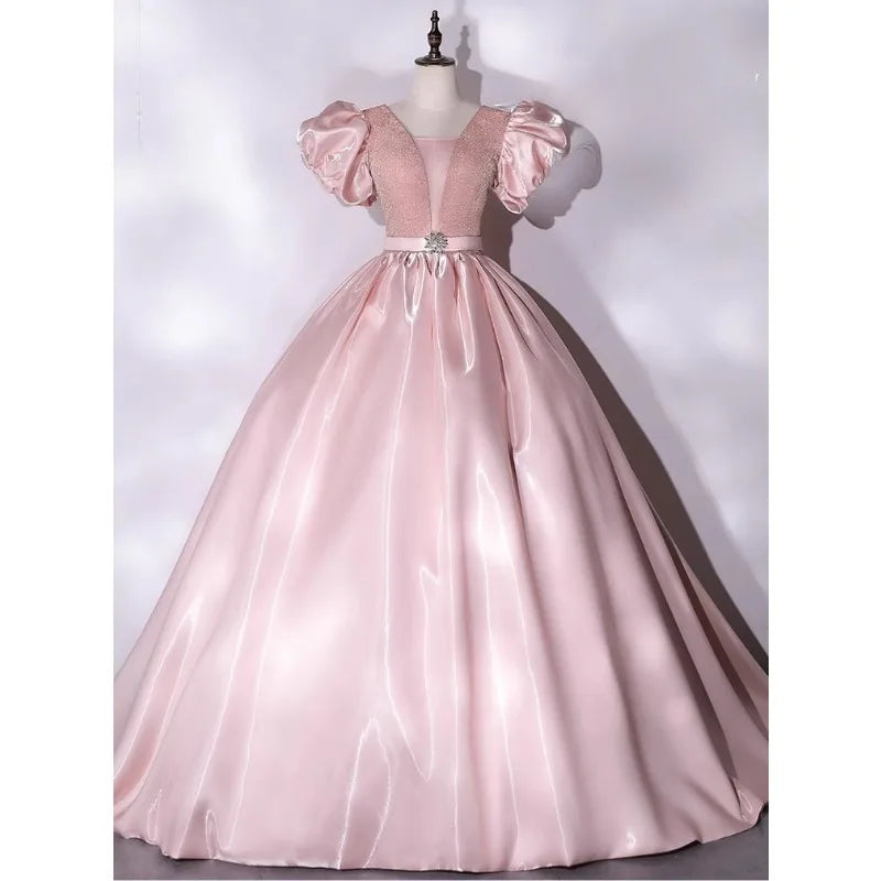 Princess Sleeve Satin & Mesh Evening Gown
